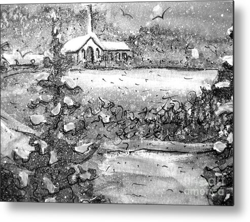 Church Metal Print featuring the painting Snowy Road To Church by Gretchen Allen