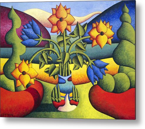  Metal Print featuring the painting Softvase with flowers in landscape by Alan Kenny