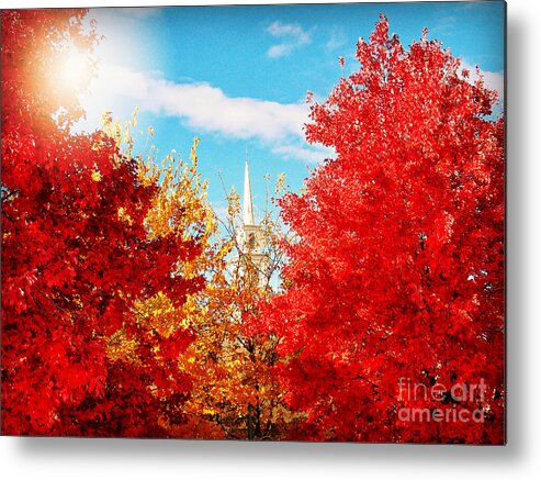 Nature Metal Print featuring the photograph Steeple with Red and Yellow Autumn Trees by Miriam Danar