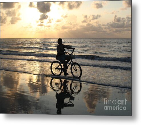 Sunrise Bike Ride On The Beach Metal Print featuring the photograph Sunrise Bike Ride On The Beach by Paddy Shaffer