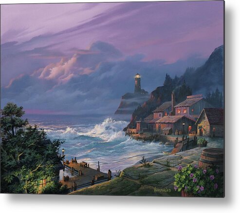Lighthouse Metal Print featuring the painting Sunset Fog by Michael Humphries