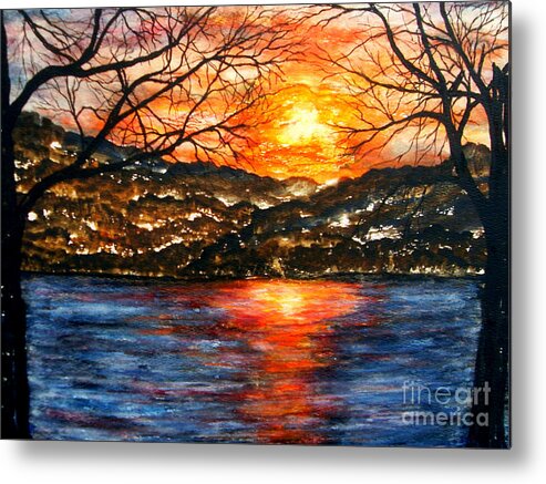 Vibrant Sunset On Greers Ferry Lake In Arkansas Metal Print featuring the painting Sunset on Greers Ferry Lake Arkansas by Vivian Cook