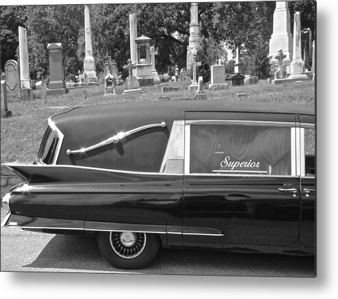 Superior Hearse Laurel Hill Cemetary Philadelphia Pa Car Show Black White Metal Print featuring the photograph Superior by Alice Gipson