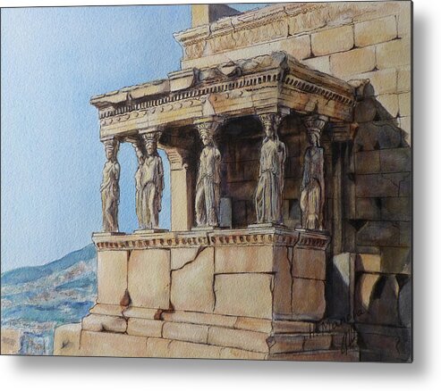 Athens Metal Print featuring the painting The Caryatid Porch of the Erechtheion by Henrieta Maneva