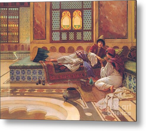 Manicure; Beauty; Spa; Treatment; Pampering; Leisure; Grooming; Female; Interior; Bath; Reclining; Nails; Nail Care; Exotic; Orientalist; Oriental; Tiles; Tiled; Stained Glass; Luxury; Opluent; Concubine; Odalisque; Harem; Relaxation; Manicurist; Beautician; Reclining Metal Print featuring the painting The Manicure by Rudolphe Ernst