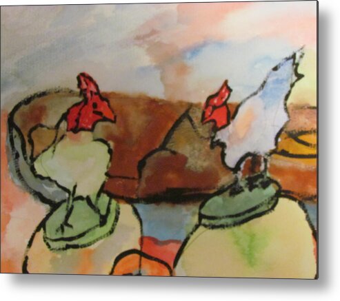 Roosters Metal Print featuring the painting The Roosters by Shea Holliman