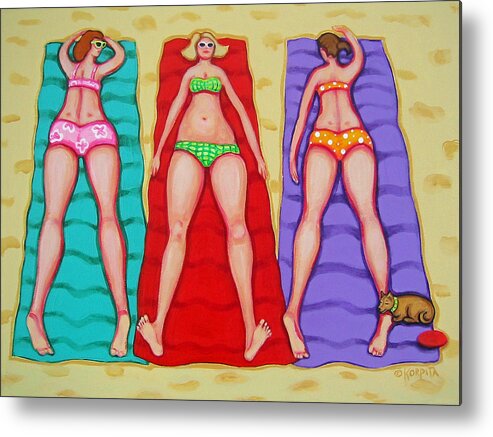 Whimsical Beach Metal Print featuring the painting Three Bathing Beauties and Buster by Rebecca Korpita