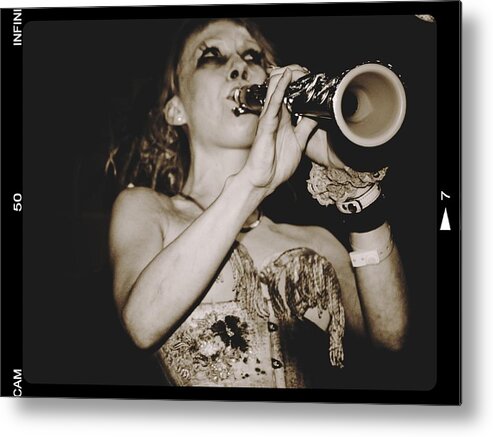 Trumpet Lady Black White Metal Print featuring the photograph Trumpet Lady by Alice Gipson