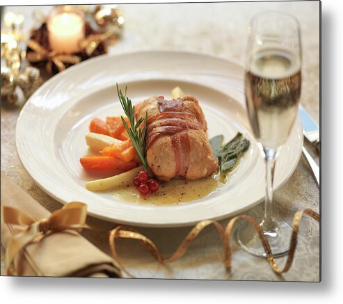 Roast Dinner Metal Print featuring the photograph Turkey Parcel Wrapped In Pancetta by Monty Rakusen