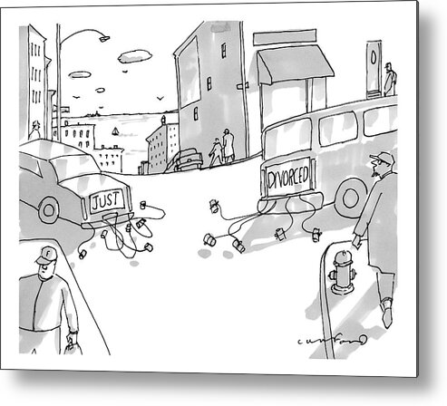 Just Divorced Metal Print featuring the drawing Two Cars Pull Away From Each Other With Cans Tied by Michael Crawford
