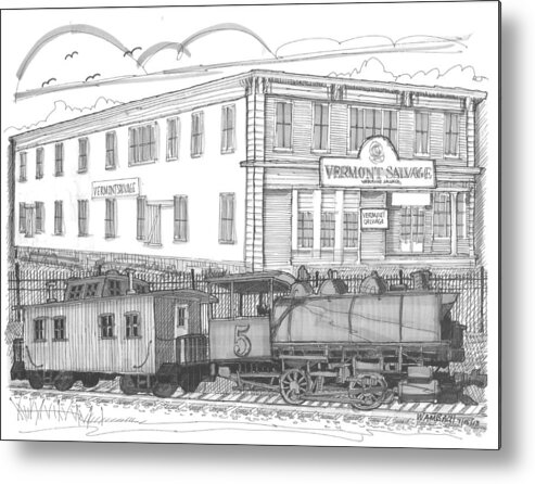 Vermont Salvage Company Metal Print featuring the drawing Vermont Salvage and Train by Richard Wambach