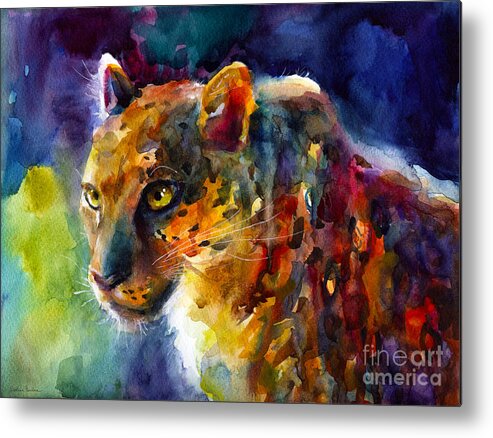 Leopard Metal Print featuring the painting Vibrant watercolor leopard wildlife painting by Svetlana Novikova