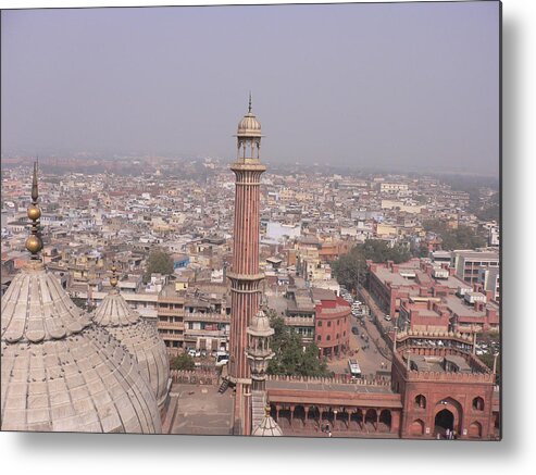 Built Structure Metal Print featuring the photograph View of a Mosque (Jama Masjid) and Delhi by Leontura