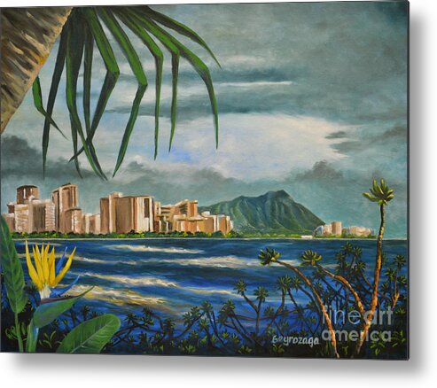 Diamond Head Metal Print featuring the painting Waikiki View by Larry Geyrozaga