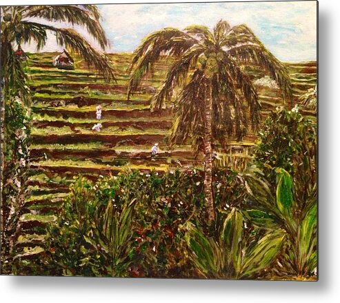 Padi Field Metal Print featuring the painting We work hard for the money by Belinda Low