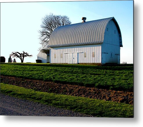 Agriculture Metal Print featuring the photograph White Barn Sunset Howell Prairie by Lora Fisher