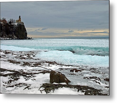 Melissa Peterson Nature Photography Art Winter Wintertime Lake Superior Great Lakes Water Wave Waves Split Rock Lighthouse State Park Lighthouses Landmark Landmarks Lantern Lanterns Watchtower Watchtowers Ice Icy Shore Shores Shoreline Wonderland Landscape Landscapes Minnesota Mn Blue Color Colors Weather Season Seasonal Scene Scenic Tranquil Captivating Artistic Rocky Rocks Rock Cliff Cliffside Ledge Edge Hotel Hospital Lobby Lobbies Conference Room Rooms Retirement Gift Gifts Dcor Decoration Metal Print featuring the photograph Winter's Canvas by James Peterson