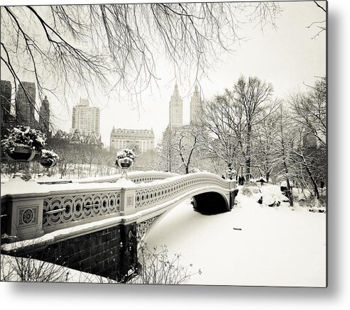 New York City Metal Print featuring the photograph Winter's Touch - Bow Bridge - Central Park - New York City by Vivienne Gucwa