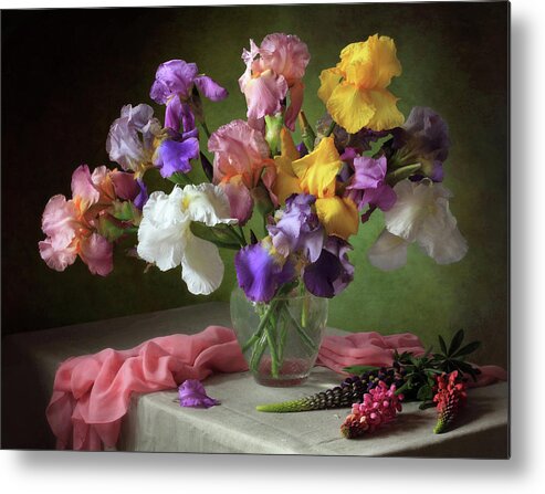 Still Life Metal Print featuring the photograph With A Bouquet Of Irises And Flowers Lupine by ??????????? ??????????