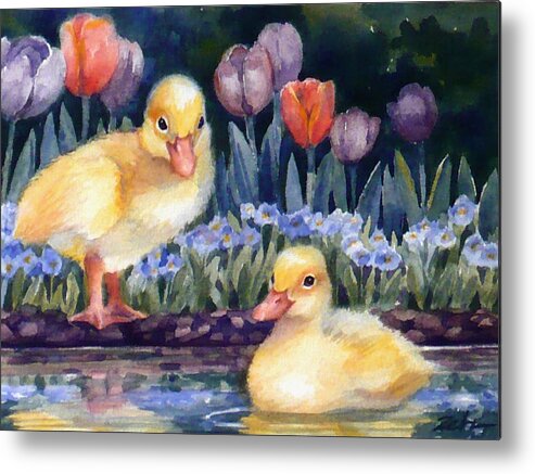 Baby Animals Print Metal Print featuring the painting Yellow Ducklings - First Swim by Janet Zeh
