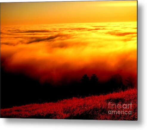 Sun.sunset.light.sky.energy.fog.coastal Fog.mountain.landscape.calm.peace.sweet.pure.spiritual.warm.crystal.love.orange.yellow.gold.bronze.black.white Metal Print featuring the photograph Pray #3 by Kumiko Mayer