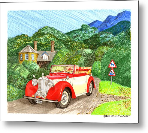 1948 Alvis Tickford Drophead Coupe Art. Framed Art Of 1948 Alvis Tickford Drophead Coupe. Watercolor Paintings Of Classic British Touring Cars. 1948 Alvis Tickford Drophead Coupe Watercolor Art Prints.. Metal Print featuring the painting 1948 Alvis English Countryside by Jack Pumphrey