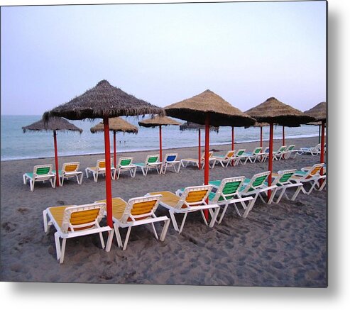 Umbrella Metal Print featuring the photograph Beach Umbrellas and Chairs Costa Del Sol Spain #3 by John Shiron