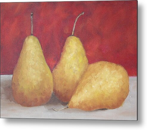 Pears Metal Print featuring the painting 3 golden Pears on red by Patricia Cleasby