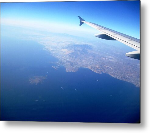 Athens Metal Print featuring the photograph Airplane Wing Aerial View Mediterranean Sea South of Greece on the Way Towards Athens Greece by John Shiron