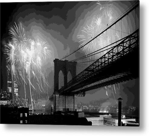 New York Metal Print featuring the photograph Brooklyn Bridge Fireworks BW16 by Scott Kelley