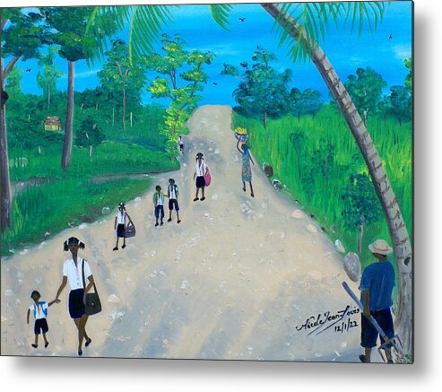 Haitian Children Walking To School By Nicole Jean-louis Metal Print featuring the painting Children Walking to School by Nicole Jean-Louis