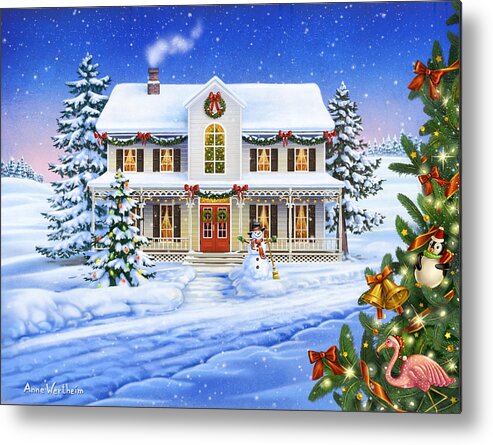 Christmas Metal Print featuring the mixed media Christmas Cottage by Anne Wertheim