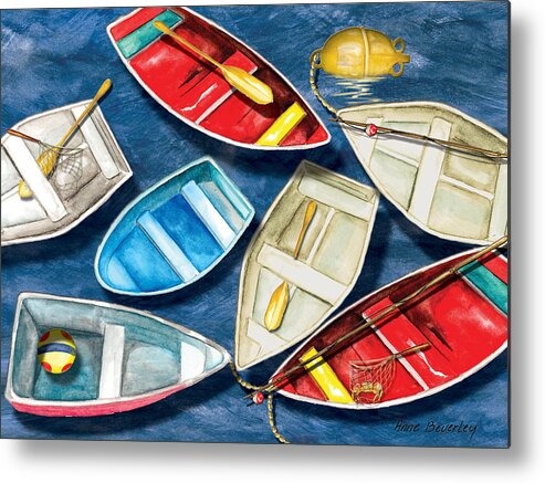 Water Metal Print featuring the painting Colorful Boats by Anne Beverley-Stamps