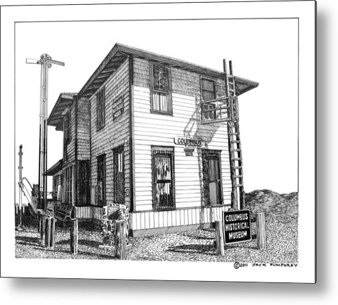Framed Prints And Note Cards Of Ink Drawings Of Scenic Southern New Mexico. Framed Canvas Prints Of Pen And Ink Images Of Southern New Mexico. Black And White Art Of Southern New Mexico Metal Print featuring the drawing Columbus New Mexico by Jack Pumphrey