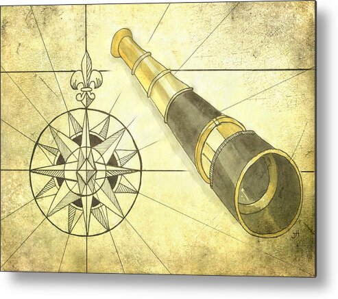 Monocular Metal Print featuring the painting Compass and Monocular by Jaime Haney