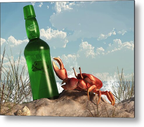Sand Crab Metal Print featuring the digital art Crab with Bottle on the Beach by Daniel Eskridge
