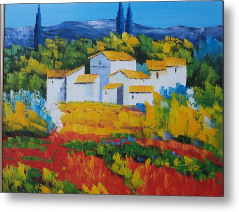 Landscape Metal Print featuring the painting Hilltop village by Rosie Sherman