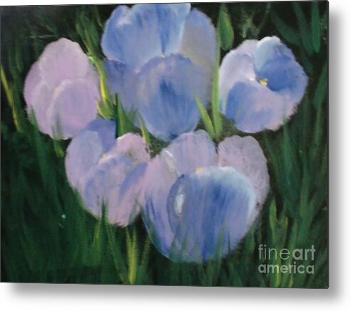 Blue Purple Tulips Metal Print featuring the painting Just in Bloom by Trilby Cole