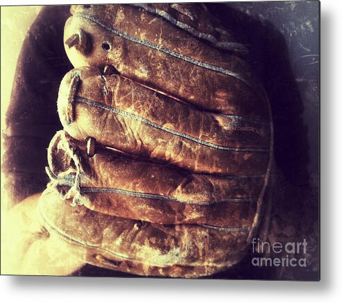 Baseball Glove Metal Print featuring the photograph Man with Old Baseball Glove by Ruby Hummersmith