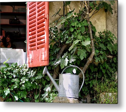 Sandra Anderson Metal Print featuring the photograph Shutters and Watering Can by Sandra Anderson