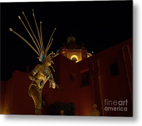 Statue Metal Print featuring the photograph Statue of Aztec Dancer in front of Templo de San Francisco by Heather Kirk
