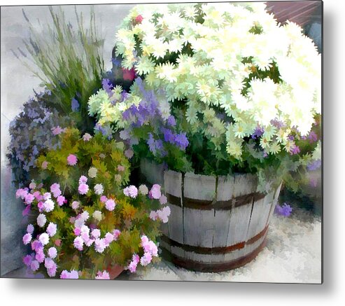 Mums Metal Print featuring the painting White Chrysanthemums in a Barrel by Elaine Plesser