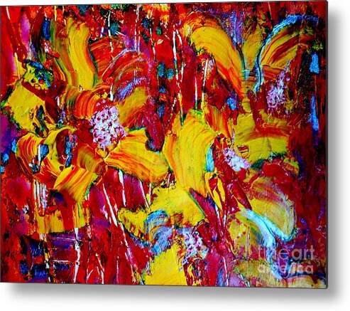 Yellow Metal Print featuring the painting Yellow Flowers by Leela Arnet