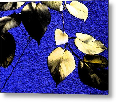 Yellow Metal Print featuring the digital art Yellow Leaves On Blue by Eric Forster
