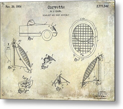 Corvette Headlight Patent Metal Print featuring the photograph Corvette Headlight Patent #2 by Jon Neidert