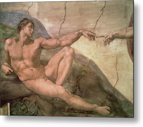 The Metal Print featuring the painting The Creation of Adam by Michelangelo Buonarroti