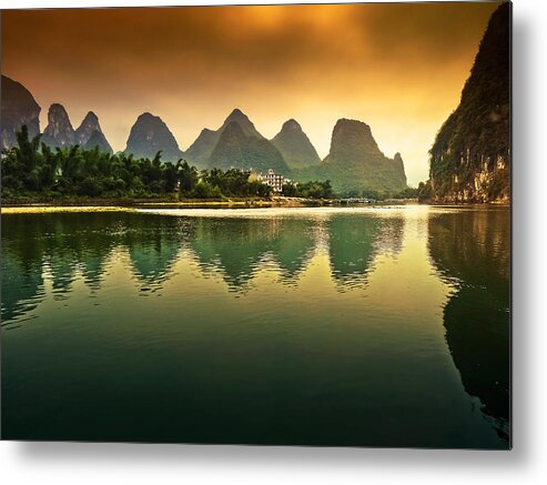 Sunset Metal Print featuring the photograph Tranquil evening reflection-China Guilin scenery-Lijiang River in Yangshuo by Artto Pan