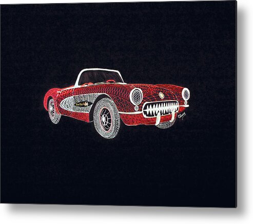 1957 Metal Print featuring the drawing '57 Chevy #57 by Linda Clary