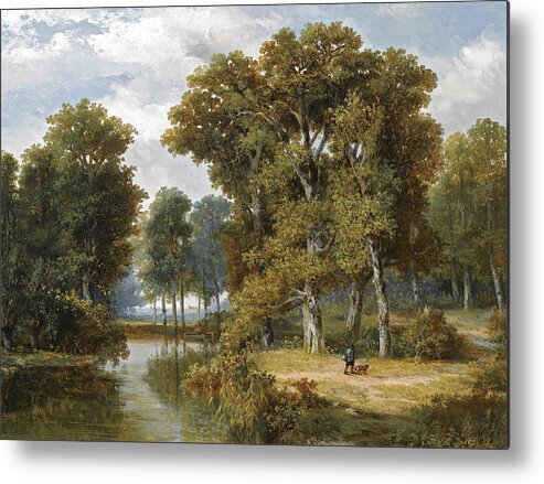 Willem Roelofs Metal Print featuring the painting A hunter and an Angler in a wooded Landscape by Willem Roelofs