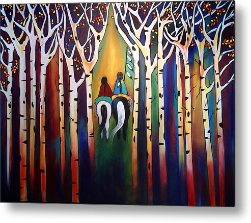 Native Americans Metal Print featuring the painting A ride through the aspens by Jan Oliver-Schultz